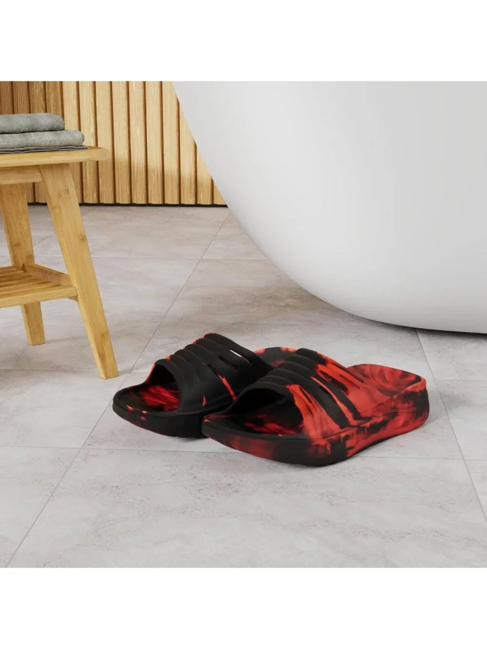 Men Red Black Sandals Orthotic Arch Support Open Toe Sport Slides Thick Cushion